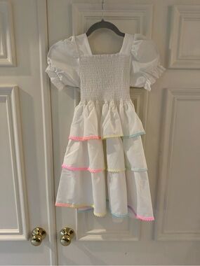 Lola + The Boys White Tiered Dress with Pink, Yellow, Blue & Purple Trim